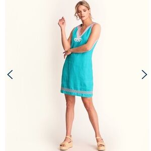 NWT Hatley Linen Embroidered Portia Sheath Dress Bright Teal Blue Medium